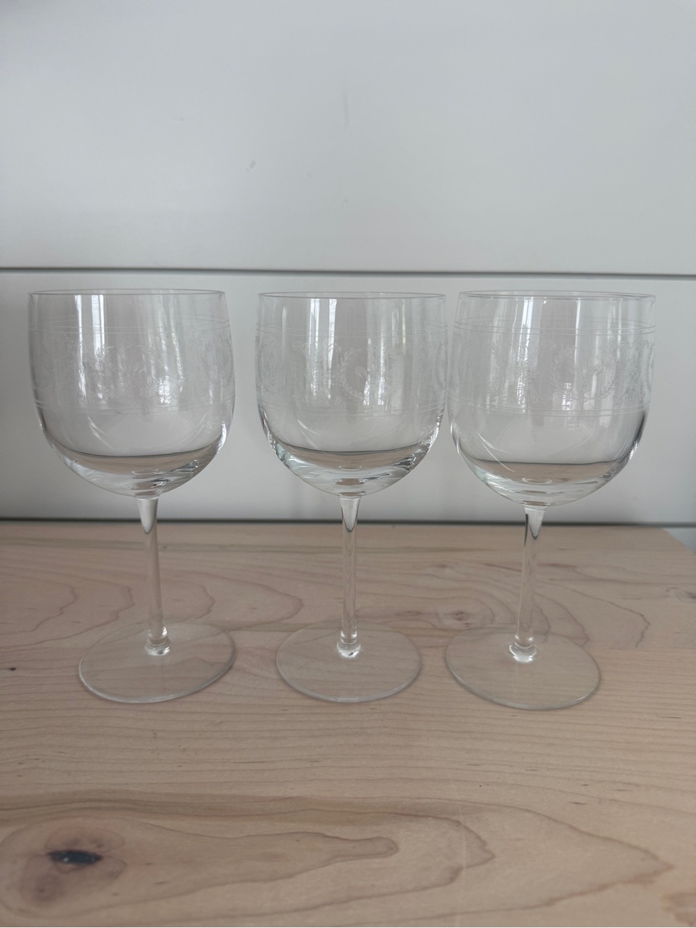 Vintage Set of 3 Antique Etched Glasses with Ornate Floral  wreath & fleur-de-li